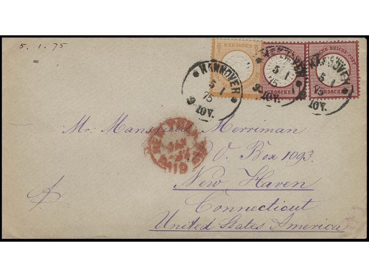 ½ Gr. orange und 1 Gr. karmin (2) mit EKr. "HANNOVER 5 1 75" auf Transatlantik-Brief nach New Haven, Connecticut mit vorderse