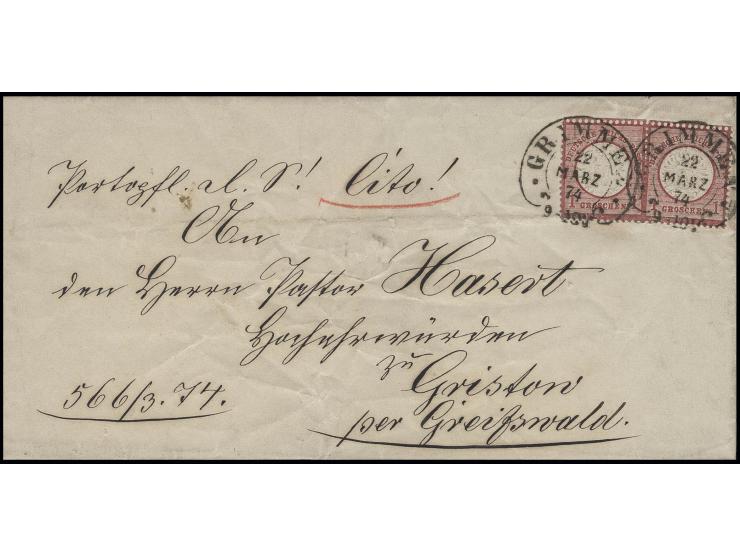 1 Gr. karmin, 2 Stück mit Hufeisenstempel "GRIMMEN 22.MÄRZ.74" (Spalink 15) auf portopflichtiger Dienstsachen-Briefhülle nach