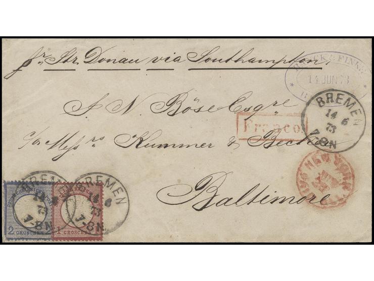 1 Gr. karmin und 2 Gr. grauultramarin mit EKr. "BREMEN 14 6 73" auf Transatlantik-Brief via England nach Baltimore mit vorder