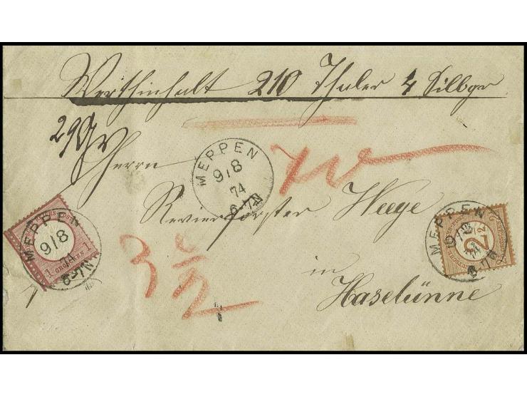 1 Gr. karmin mit großem Teil des linken Bogenrandes und 2½ auf 2½ Gr. rotbraun mit EKr. "MEPPEN 9/8 74" auf Wertbriefumschlag