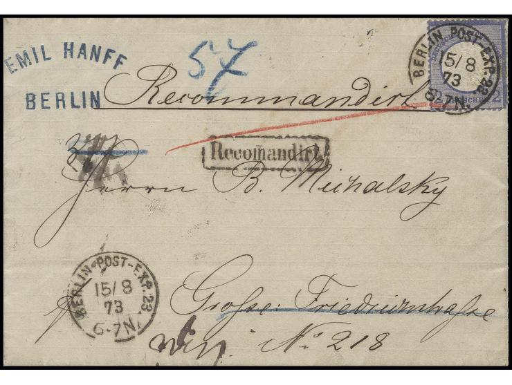 2 Gr. grauultramarin mit EKr. "BERLIN POST-EXP.23. 15/8 73" auf eingeschriebenem Ortsbrief, rechts Zähnung durch Randklebung 