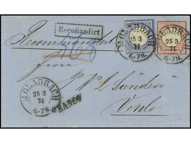 2 Gr. grauultramarin mit deutlicher Doppelprägung und 1 Gr. karmin mit Preußen-DKr. "M.GLADBACH 25 3 74" auf eingeschriebenem