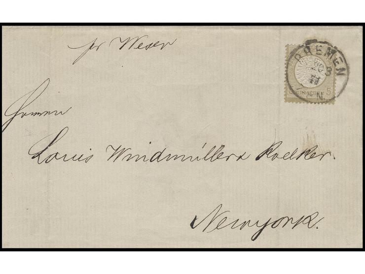 5 Gr. ockerbraun als Einzelfrankatur mit EKr. "BREMEN 20 3 74" auf Transatlantik-Brief der 2. Gewichtsstufe nach New York, Pr