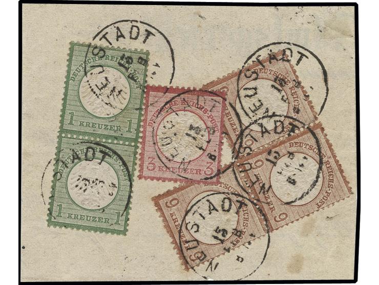 3 Kr. karmin mit um ca. 1,2 mm nach links versetzter Doppelprägung zusammen mit Dreierblock 9 Kr. braun und Kleiner Schild 1 