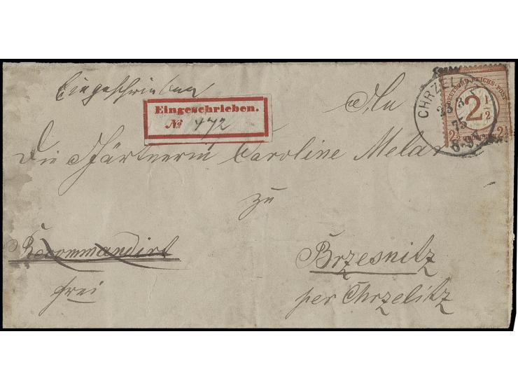 1874, 2½ auf 2½ Gr. braunorange als Einzelfrankatur mit EKr. "CHRZELITZ 23 3 75" auf eingeschriebenem Faltbrief in den eigene