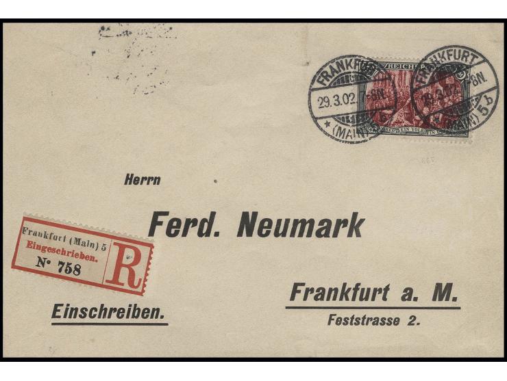 5 M. sehr sauber gestempelt "FRANKFURT (MAIN) 29.3.02" auf Orts-R-Brief, Kabinett