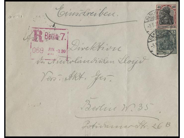 5 Pfg. grün und 40 Pfg. karminrot/schwarz, sauber gestempelt "BERLIN 3.5.20" auf Orts-R-Brief mit seltenem violettem Automate