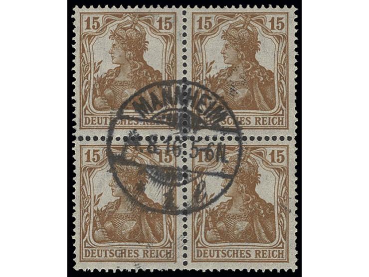 1916, Germania 15 Pfg. dunkelbraunocker im 4er-Block mit nahezu zentrischem Stempel "MANNHEIM 1/4.8.16", Pracht, sign. Infla 