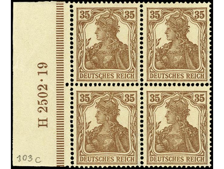 1918, 35 Pfg. zimtfarben im 4er-Block vom linken Bogenrand mit HAN, postfrisch, in der Randzähnung stärker gefaltet, sonst ei