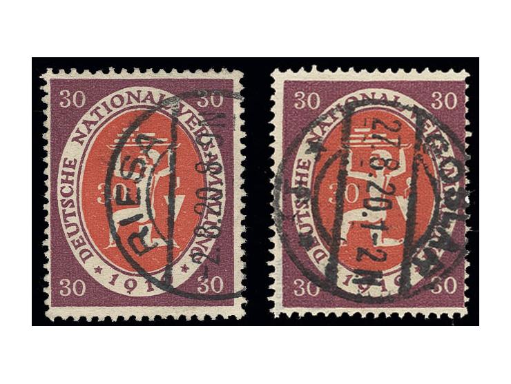 1919, Nationalversammlung 30 Pfg. lila, 2 Stück mit Plattenfehler "Maurerkelle mit dickem Griff" und "weiße Kerbe im Oval dir