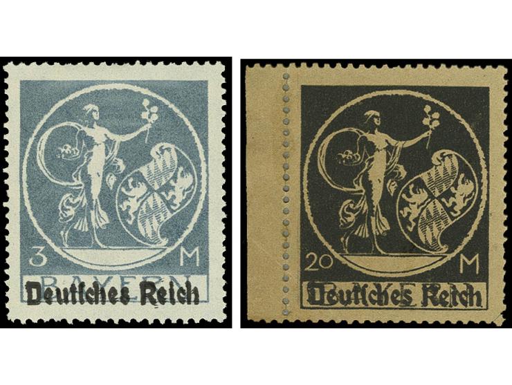 Type II: 3 M. mit doppeltem Aufdruck, ungebraucht, Pracht, sowie 20 M., Andruck auf braunem sprödem Papier, ungezähnt, gebroc