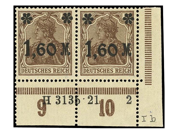 Germania-Provisorien, Aufdruck mattglänzend: 1,60 M. dunkelbraun im waagerechten Paar aus der rechten unteren Bogenecke mit H