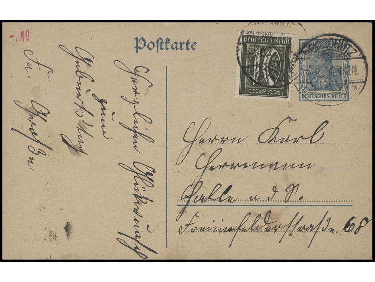 10 Pfg. schwarzoliv als Zufrankatur auf Ganzsachenkarte Germania 30 Pfg., Pracht, sign. Tworek BPP und Infla (Mi. 500,-)