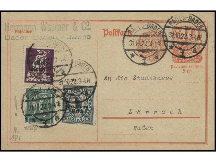 30 Pfg. mit Zusatzfrankatur auf Ganzsachenkarte Postreiter 40 Pfg. von "BADEN-BADEN 31.10.22" nach Lörrach, Kabinett, sign. I