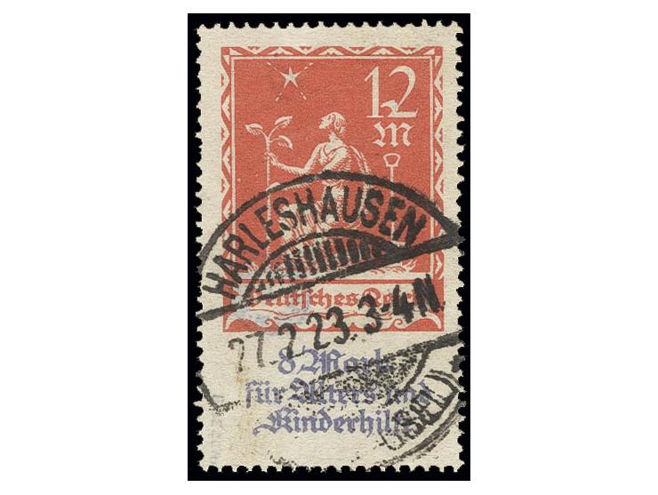Alters- und Kinderhilfe 12 M. mit Plattenfehler "Haken am Fuß der 2", sauber gestempelt "HARLESHAUSEN 27.2.23", Kabinett, sig
