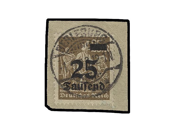 25 Tsd. auf 25 M. mit Plattenfehler "Bauer mit Helm", sauber gestempelt "BERLEBURG 1.9.23" auf Briefstück, Kabinett, Fotoatte