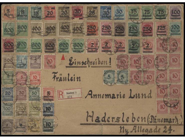 800 Tsd. auf 500 M. in Mischfrankatur mit Rosette 5 Pfg.(2) und 10 Pfg.(16) sowie annähernd alle anderen Marken der Hochinfla