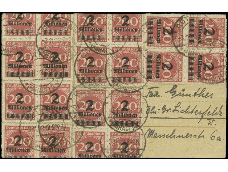 2 Mio. 200 M. durchstochen, 20 Stück in Einheiten auf Postkarte von "CÖTHEN 3.11.23" nach Berlin, Marken zum Teil um den Rand