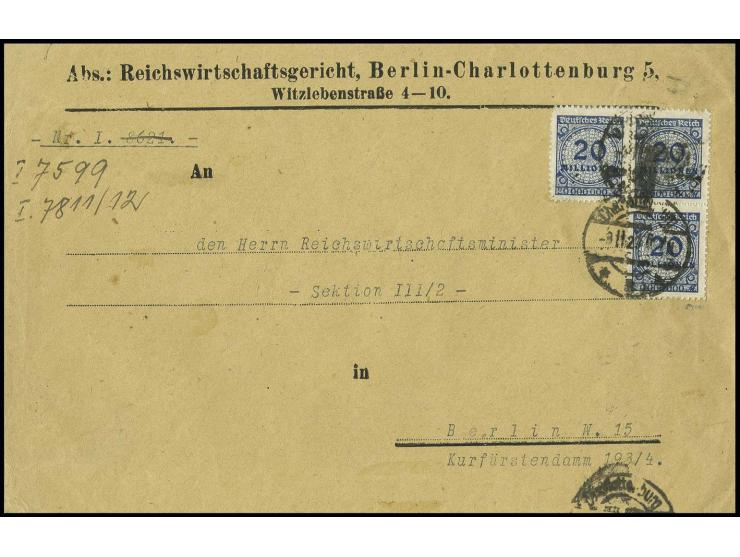 durchstochen: 20 Mio. M. im 3er-Block mit sehr gutem Durchstich als portogerechte Frankatur auf Ortsbrief der 2. Gewichtsstuf