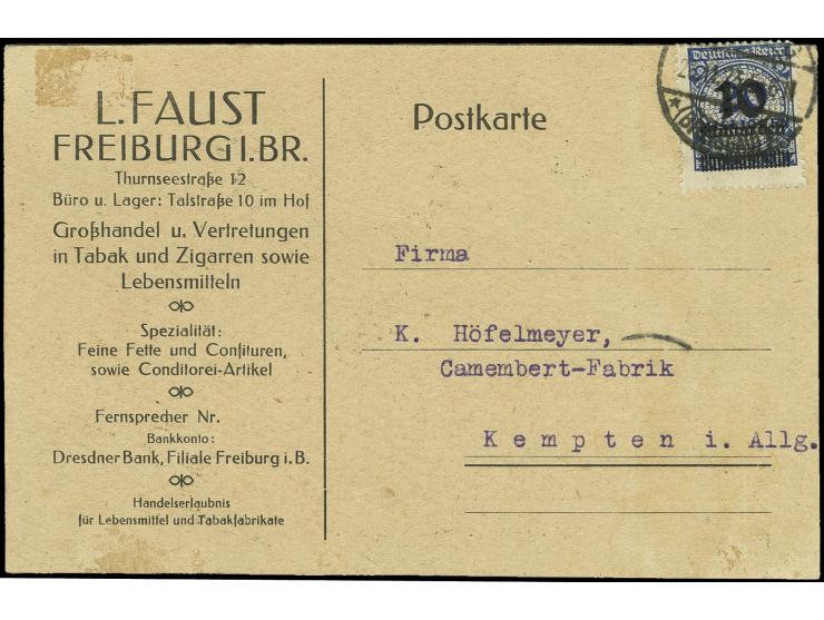 10 Mrd. auf 20 Mio. M. als portogerechte Einzelfrankatur auf Firmenpostkarte aus "FREIBURG 26.11.23" nach Kempten, Postkarte 