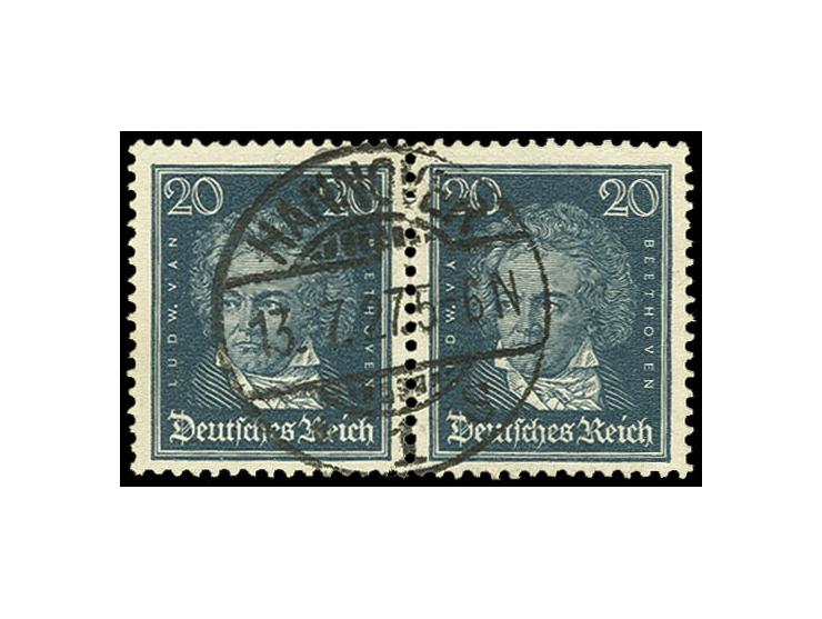 20 Pfg. mit Wz. liegend im waagerechten Paar mit zentrischem Stempel "HANNOVER 13.7.27", in der Zähnung gefaltet und einige v
