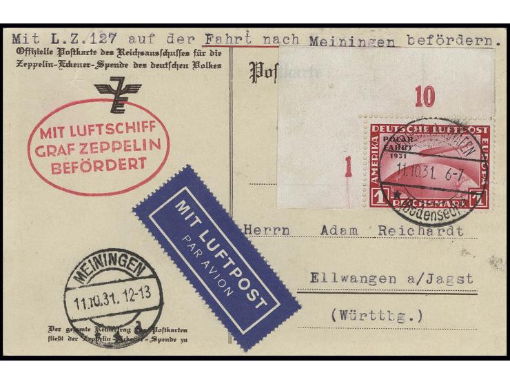 1 M. aus der linken oberen Bogenecke mit Stempel "FRIEDRICHSHAFEN 11.10.31" auf Zeppelinkarte von der Meiningen-Fahrt (Sieger