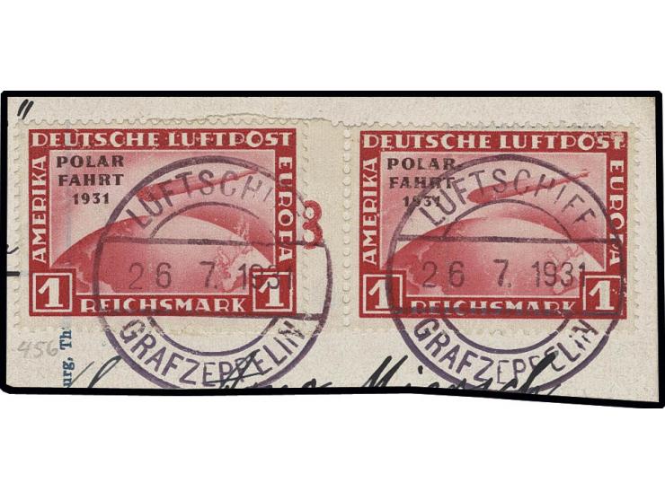 1 M., zwei Stück mit Bordpoststempel "26.7.31" auf Briefstück, die linke Marke "ohne Bindestrich", teils leichte Farbsbsplitt