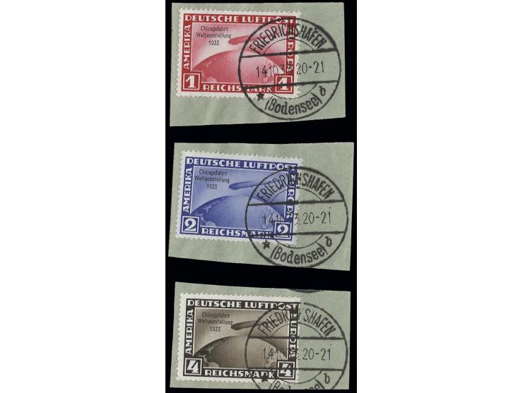 1-4 M. kpl. mit jeweils Stempel "FRIEDRICHSHAFEN" auf 3 Briefstücken, 4 M. linke untere Ecke angesetzt (Mi. 1.000,-)