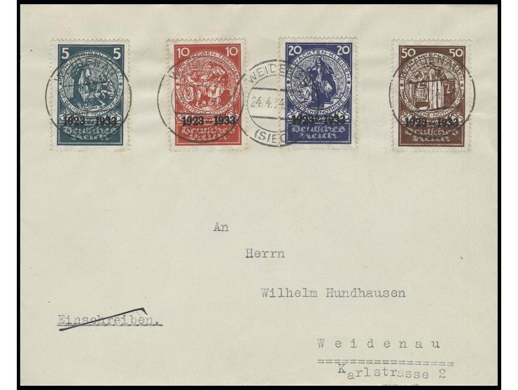 5-50 Pfg. aus Block mit Stempel "WEIDENAU 24.4.34" auf Ortsbrief (Blockränder inliegend), Kabinett