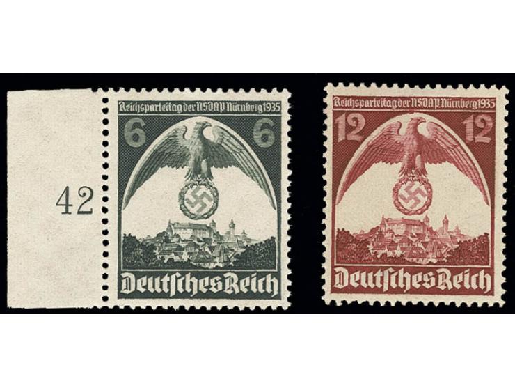 Reichsparteitag 6 und 12 Pfg. mit seitenverkehrtem Wasserzeichen, 6 Pfg. mit linkem Bogenrand, Kabinett, Fotoattest Schlegel 
