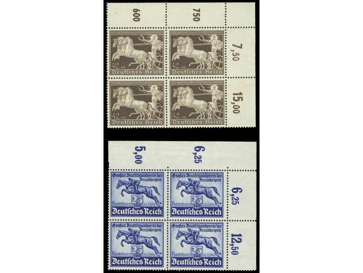 1940, Blaues Band 25 Pfg. und Braunes Band 42 Pfg. jeweils im 4er-Block aus der rechten oberen Bogenecke, postfrisch mit Falz