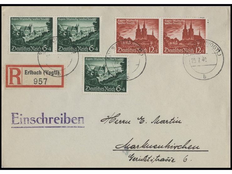 Eupen-Malmedy 6 (3) und 12 Pfg. (2) mit Ersttagsstempel "ERLBACH (VOGTL.) 25.7.40" als portogerechter R-Brief nach Markneukir