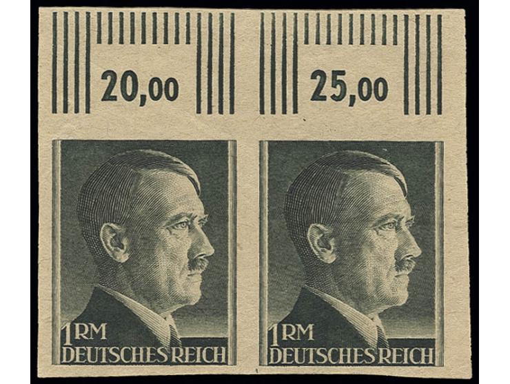 1942, Hitler 1 M. geschnitten, Probedruck auf dünnem gelblichem Papier im waagerechten Oberrandpaar, ungebraucht ohne Gummi, 