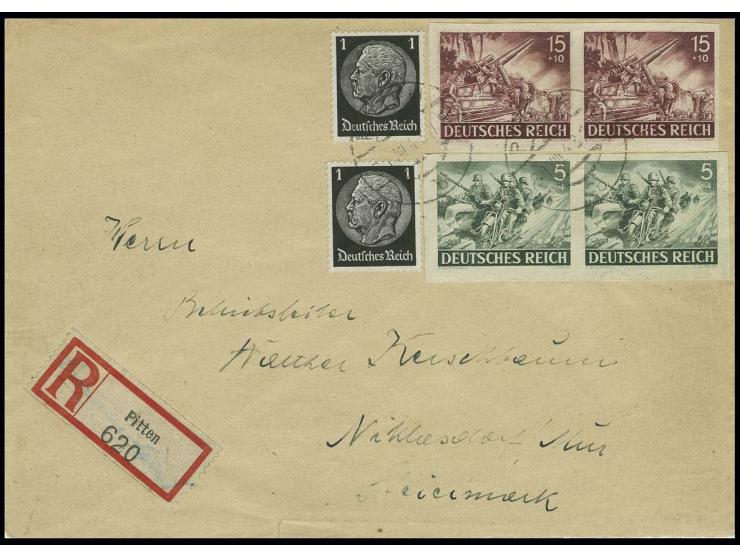 1943, Tag der Wehrmacht 5 Pfg. und 15 Pfg. jeweils im breitrandig ungezähnten Paar, zusammen mit 2 Stück Hindenburg 1 Pfg. in