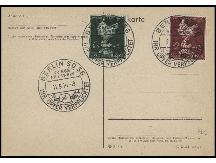 1944, Goldschmiedekunst 6 und 12 Pg. mit Ersttags-Sonderstempel "BERLIN SO 36 KRIEGSHILFSWERK 11.9.44" auf Blankokarte, Prach