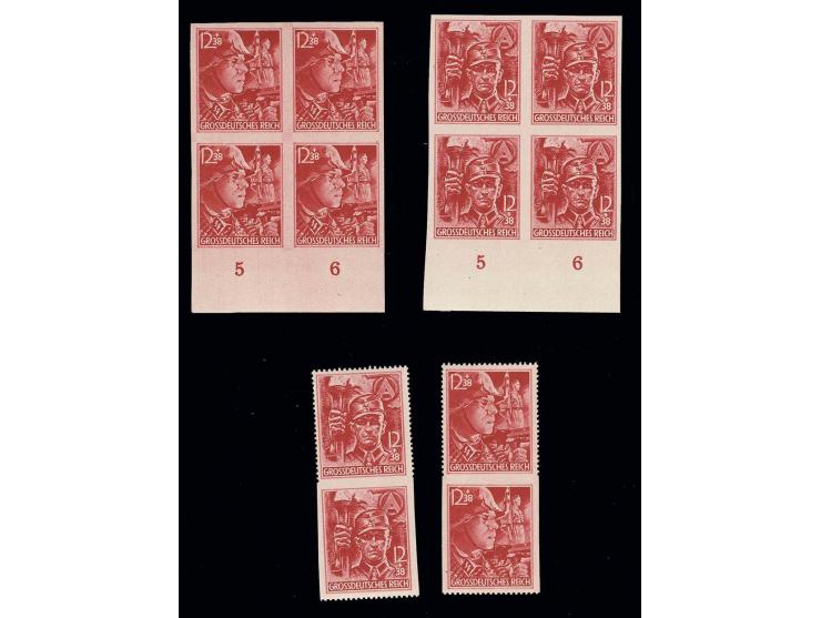 1945, SA/SS 12 Pfg. ungezähnt in postfrischen 4er-Blocks vom Unterrand, Fotobefund Schlegel D. BPP, dazu senkrechte Paare, ob
