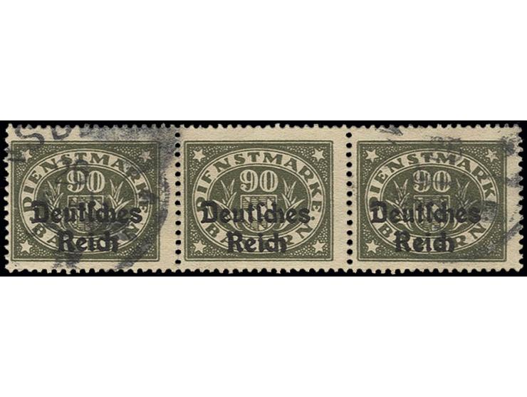 Bayern Abschied 90 Pfg. im waagerechten 3er-Streifen, mittlere Marke mit Plattenfehler "unterer Querstrich des E in DIENST fe