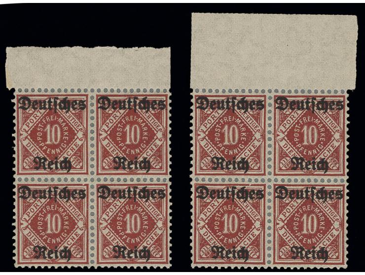 10 Pfg. mit Plattenfehler I bzw. II, je im postfrischen 4er-Block mit Normalmarken vom Oberrand, sign. Winkler BPP