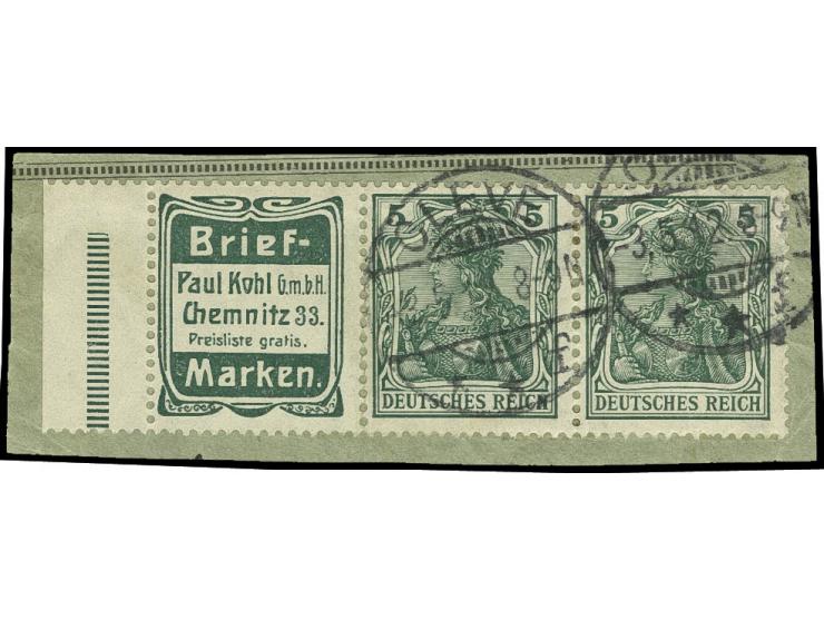 1911/12, "Briefmarken Kohl" + 5 Pfg. (2 Werte) mit linkem Rand, gestempelt "CLEVE 3.5.12" auf Briefstück, Kabinett (Mi. 450,-
