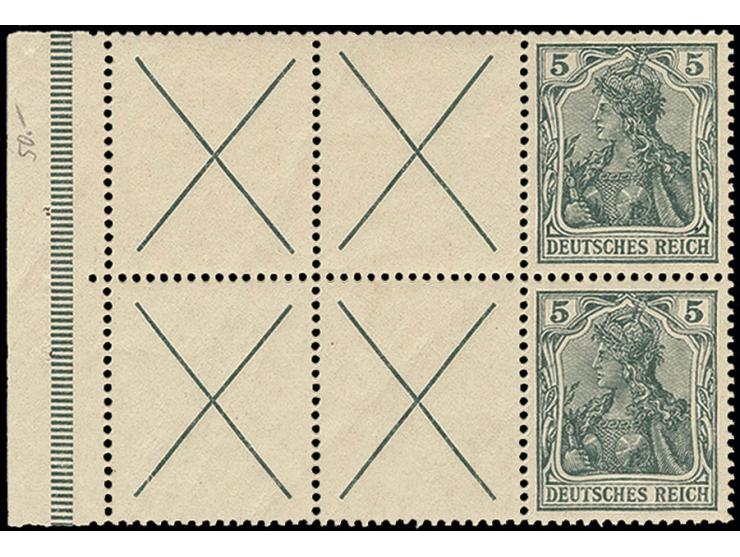 1912, Heftchenblatt Germania 5 Pfg. mit nicht durchgezähntem Rand, postfrisch, 1 Wert mit rückseitig winziger Farbspur, sonst