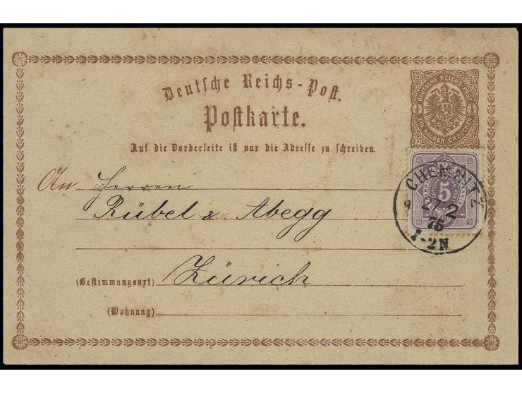 1873, Karte ½ Gr. mit Zufrankatur 1875, 5 Pfg. violett mit aptiertem Franko-EKr. "CHEMNITZ 27 2 75" nach Zürich, Aufbrauchsve