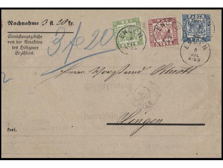 1868, KR.: 1 Kr. grün, 3 Kr. rosa und 7 Kr. blau, alle farbfrisch und gut gezähnt mit klar aufgesetztem EKr. "ENGEN 8 JUL." a