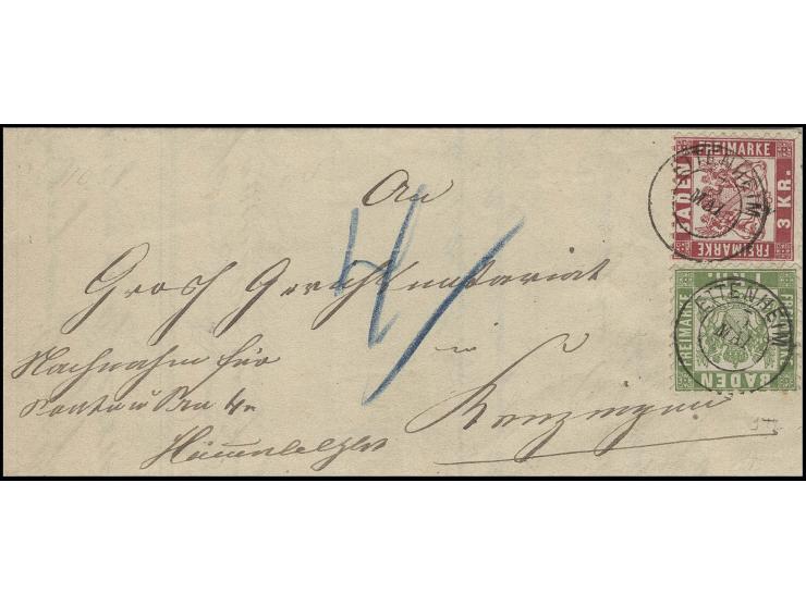 1 Kr. grün und 3 Kr. karmin mit DKr. "ETTENHEIM 3 MAI" (1871) auf "Besonderem Zustellungs Schein" mit Nachnahme über 4 Kr. na