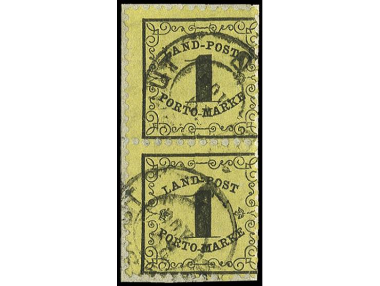 LANDPOST-PORTOMARKEN: 1863, dünnerers Papier: 1 Kr. auf gelb im senkrechten Paar, farbfrisch und gut gezähnt mit DKr. von Wal
