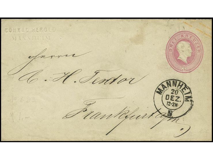 GANZSACHEN: 1863, Umschlag 3 Kr. rosa mit geprägtem Absender "Conrad Herold / Mannheim" mit DKr. "MANNHEIM 20 DEZ" nach Frank