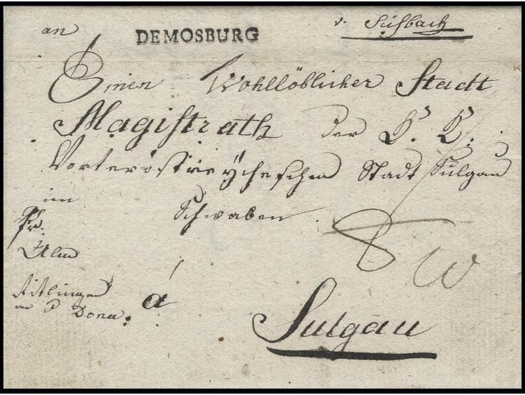 1798, "DE MOSBURG", L1 auf kpl. Faltbrief nach Sulgau, Pracht, handschriftlich sign. P. Sem (Feuser-Nr. 2303-1; 800,-)