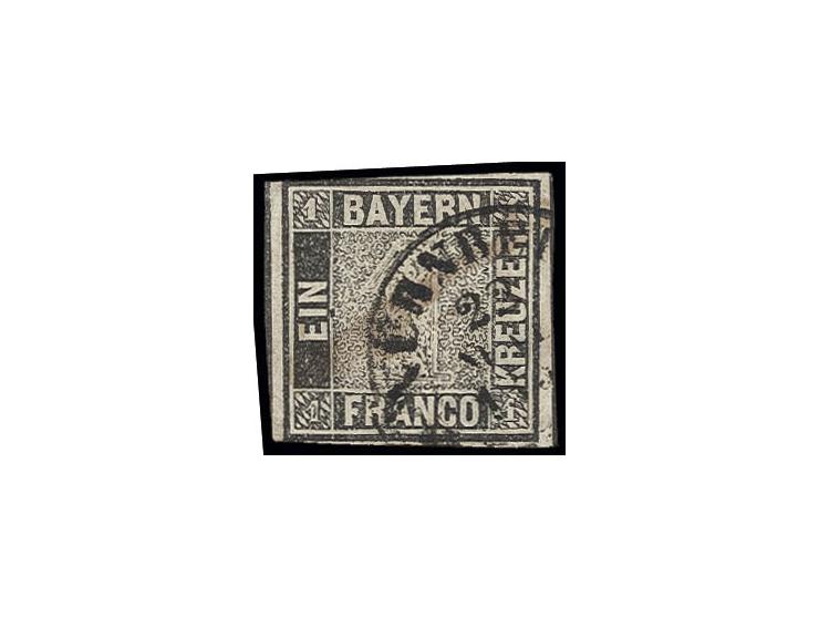 1 Kr. schwarz, dreiseitig lupen- bis vollrandig, oben links minimal touchiert, mit EKr. "NÜRNBER(G) 23 NOV." und abgeschwächt