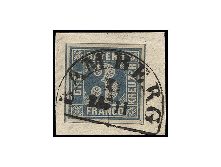 3 Kr. preußischblau, allseits sehr breitrandig mit allen Schnittlinien, mit sauberem Halbkreisstempel "BAMBERG 24/11" auf Bri