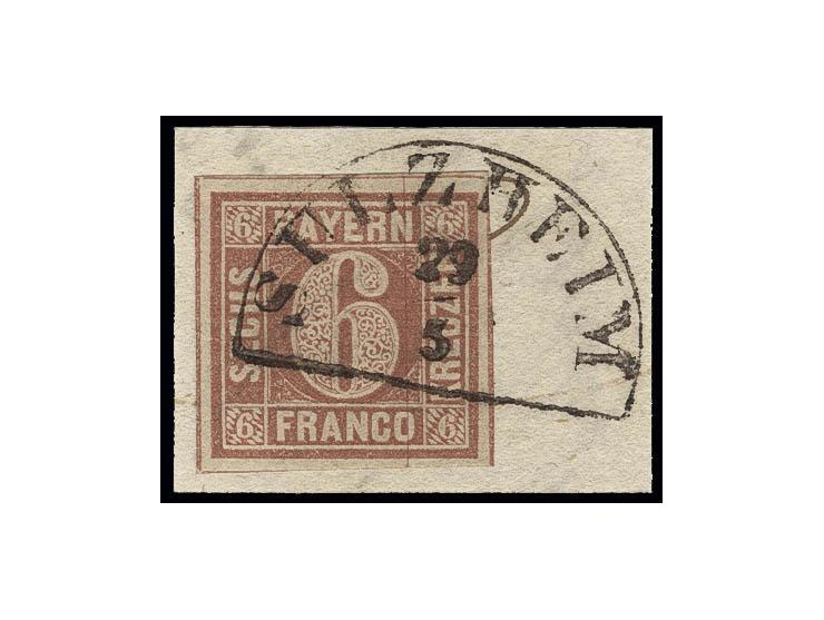 6 Kr. rötlichbraun, allseits breitrandig mit Zwischenlinien an 3 Seiten, mit klarem Halbkreisstempel "SULZHEIM 29/5" auf Brie