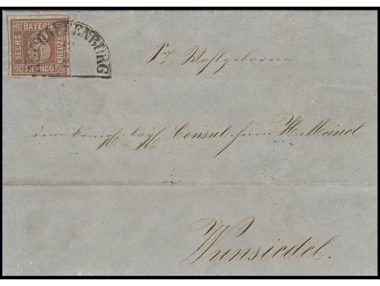 6 Kr. rötlichbraun mit ausgefüllten Ecken, voll- bis meist breitrandig mit sauberem Halbkreisstempel "ASCHAFFENBURG 19/2" (18